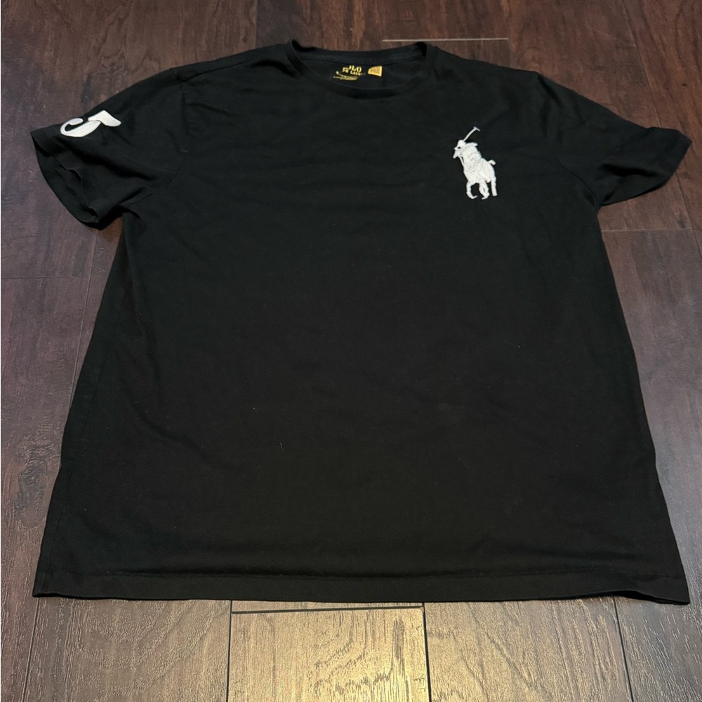 Polo Ralph Lauren Shirt Mens L Black Cotton Big Pony Patch Crewneck Casual